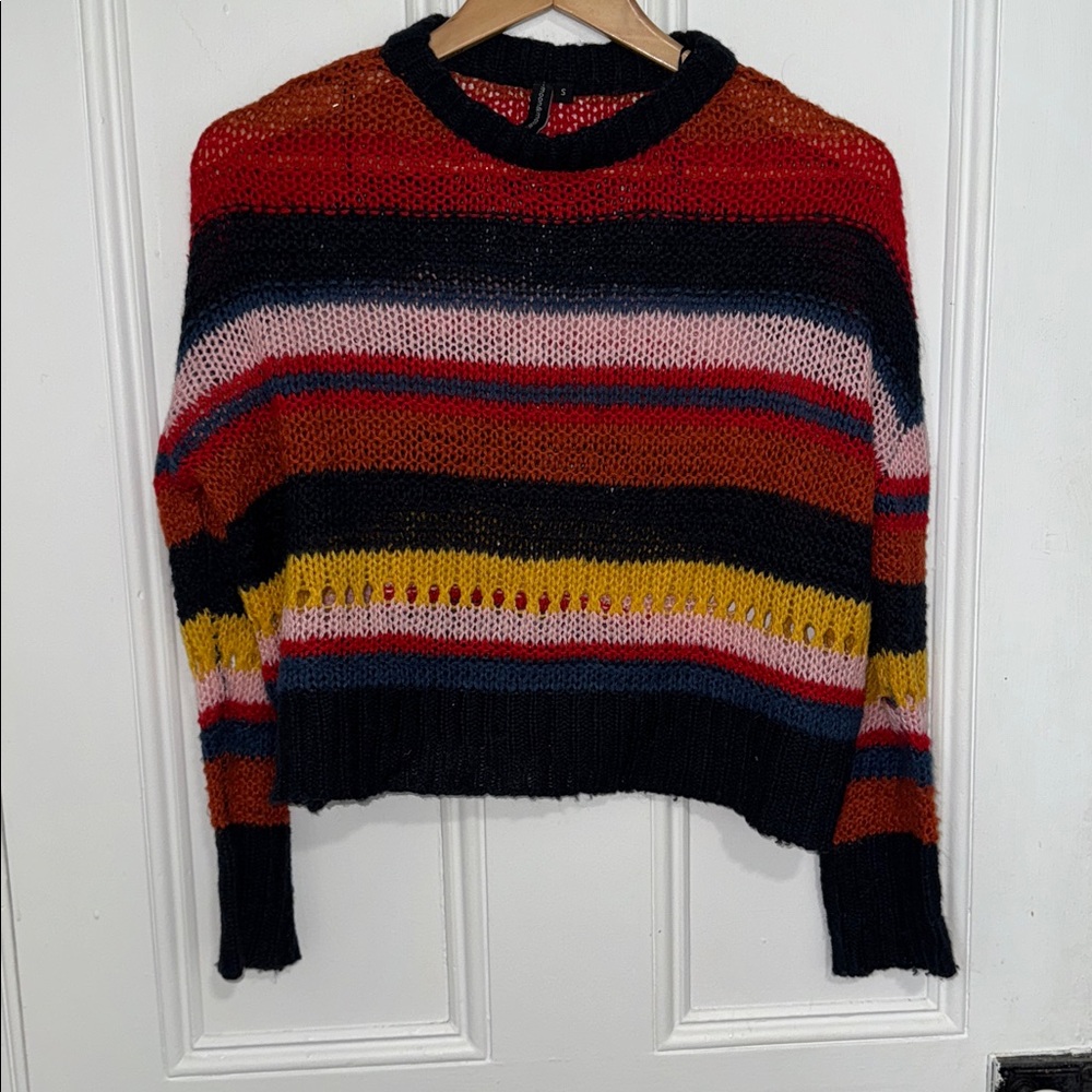 Moon & Madison Multi-Color Striped Cropped Open-Knit Sweater